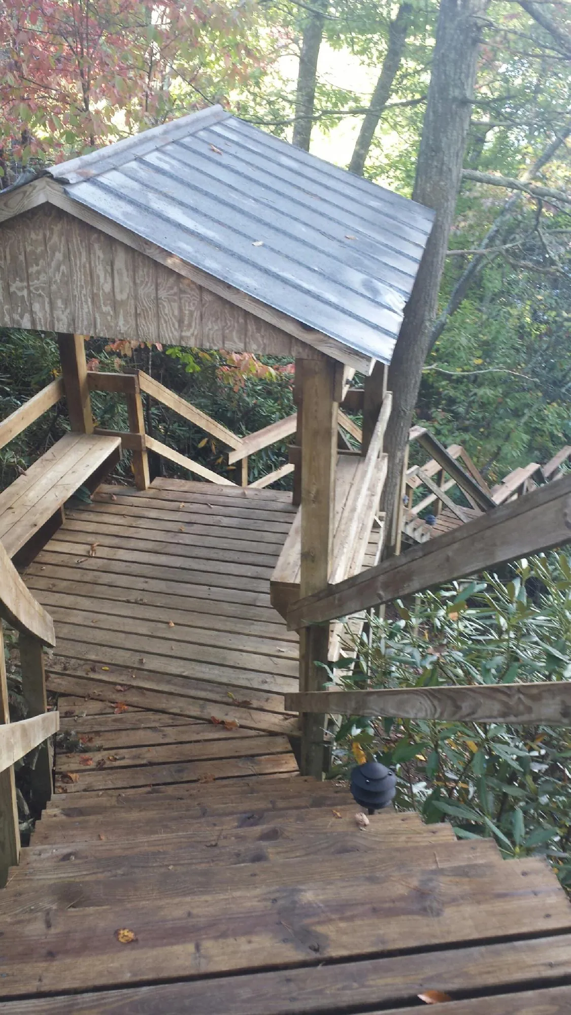 Metal roofed shelter over wooden steps on a wooded walkway — Skylight Repair & Installation work by our crew in Tabernash